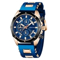 Orologio sportivo con cinturino in silicone blu e grande quadrante oro rosa e cronografi - Blu