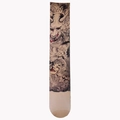 Nude thigh-high stocking featuring traditional Japanese Hannya mask and floral tattoo print - Ghost Flower Art