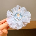Blue lace mesh princess crown hair clip with central pearl and golden crown accent - Blue