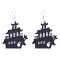 Close-up of black acrylic haunted house earrings for Halloween featuring silver metal hooks - Haunted House