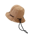 Khaki drawstring bucket hat with adjustable black and white cord and visible stitching - One Size / Solid Camel