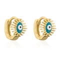 18K gold plated hoop earrings featuring blue enamel evil eye charms on white background - Dark Blue