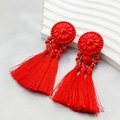 Bohemian style long red tassel earrings with embossed floral top and silk fringe - 133# Bohemian Tassel Long Style (Silver Earring Post) / Red