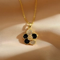 Elegant gold plated flower necklace with black enamel and micro pave crystals on silk - Gold Plated Copper/Enamel/Zirconia / Black Necklace