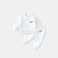 Toddler white cotton fleece sweatshirt set with brown teddy bear patch accents - 90cm / White