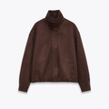 Giacca in finta pelle scamosciata marrone scuro con colletto dritto, piatta - XS / Marrone Rossastro