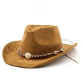 Sombrero de vaquero de gamuza marrón bohemio para hombres y mujeres con banda de cuentas - M (56-58cm) / Caqui