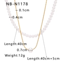 Double-layered necklace with white pearls and gold chain featuring white shell pendant - Double Layer Pearl Pendant Style (NB-N1178)