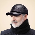 Schwarze Herren-Leder-Wintermütze mit Kunstfellfutter und Ohrenklappen - Verstellbar-Verdickt / Fleece Gefüttertes Leder-Schwarz
