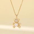 Titanium steel bear pendant necklace with heart-shaped zircon and pave crystals - Bear Pendant Necklace / Gold