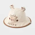 Detailed close-up of cream cotton bucket hat with 3D ears and plush bear embroidery - 50cm(1-2 Years) / Off White