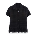 Detail of short sleeve knit cardigan featuring a lapel collar and fringe hem in black - S / Black Top