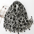 Lightweight black and white floral scarf with tassel fringe for spring and summer - Black White Abstract Flower (SL2402-004)