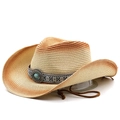 Ethnic Western cowboy straw hat with gradient brim and turquoise bead accent - M(56-58cm) / Beige Rust Red