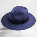 Blue-purple woven wide brim fedora sun hat with black decorative ribbon band for summer - 58cm / Navy Blue