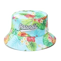 Detail der Hawaii-Stickerei und tropischen Blumenmuster auf einem hellblauen Fischerhut - M (56-58cm) / Himmelblau