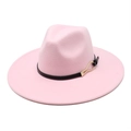 Pink wide brim fedora hat with black leather band and gold metal buckle for autumn winter - M (56-58cm) / Pink