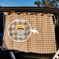 Plaid car sunshade curtain for babies featuring embroidered cartoon boy character - Little Boy Coffee Gingham