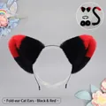 Lolita handmade cat ear cosplay set in black and red plush with collar and tail - One Size / Folded Ear Style - Black Red