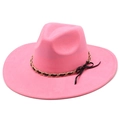 Detail of pink fedora featuring golden chain trim and a small black ribbon bow decoration - Hot Pink