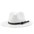 Sombrero fedora de paja blanco con banda de cuero negro y hebilla para protección solar playa - M (56-58cm) / Blanco puro