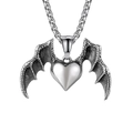 Retro stainless steel necklace featuring a textured silver heart with dragon wings pendant - Bat Wings Heart + Stainless Steel Chain