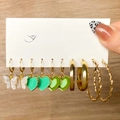 Gold 5 Pairs Set (Butterfly/Green Heart Dangle)(HS739-34)