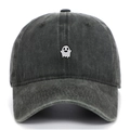 Close-up of white ghost embroidery on dark grey washed cotton baseball cap texture - Army Green