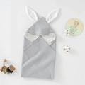 Detailed view of grey hooded baby towel with soft bunny ears and textured muslin fabric. - 75x75cm / Light Gray