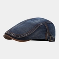 Retro denim flat cap in dark blue with orange stitching and brown leather piping detail - Adjustable / Dark Blue
