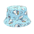 Close-up of light blue kids bucket hat with shark prints and cartoon musical motifs - Sky Blue