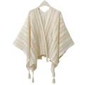 Beige crochet hollow out shawl poncho with fringe trim for a boho vacation look - Hollow Out Crochet / Beige