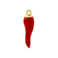 Detailed view of the red enamel chili pepper pendant with a polished gold bail - Red