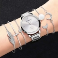 Coffret montre femme argentée et bracelets avec breloques feuilles et lune au poignet - Ensemble bracelet de montre argenté WoMaGe (3003)