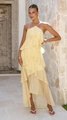 Elegant pale yellow tiered chiffon off-shoulder maxi dress for women in garden setting - Light Yellow