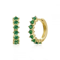 Detail of gold small hoop earrings with emerald green cubic zirconia in claw setting - Gold with Green Pave Huggie