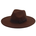 Close-up of deep brown wool felt fedora with elegant ribbon bow and wide brim details - Adult (57-60cm) / 9.5cm Wide Brim / Dark Coffee