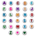 Macro view of white acrylic beads featuring letters A-Z and decorative star icons - Round/7mm/Letter A / White Base Colored Letter