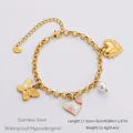 18k gold plated stainless steel bracelet with butterfly, pearl, and heart charms - Butterfly Pink Heart Pearl Style (SL41210)