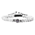 Men's woven bracelet with white marble stone beads and circular projection charm - Howlite
