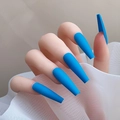 Close-up of matte blue long coffin press-on nails on hands with white tulle background - Blue Matte-Glossy(CBL-16)