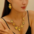 Vintage gold finish Sacred Heart necklace and earrings set with intricate carvings - Antique Gold Set 08