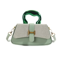 Light green leather crossbody bag with canvas flap and unique bright green top handle - Green