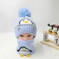 Light blue knit baby hat and scarf set with cute penguin embroidery and pom pom - Penguin Hat And Scarf Set Blue