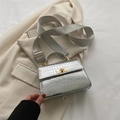 Silver crocodile texture handbag with golden twist lock and wide fabric strap - Silver