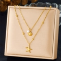 Double-layered gold-plated stainless steel necklace with starfish shell and pearl pendants - Gold Double Layered Starfish Shell Pearl Style (N3440)