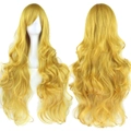 Long wavy golden cosplay wig with flat bangs shown from front and back view - Yellow