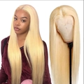 Long golden straight synthetic hair wig with lace front base shown on model and mannequin - Blonde