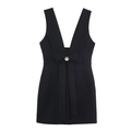 Elegantes schwarzes ärmelloses Mini-Kleid mit V-Ausschnitt, Schleife und Strassknopf - S / Schwarz