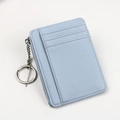 Light blue lychee pattern leather card holder with zipper coin pocket and keychain - Blue